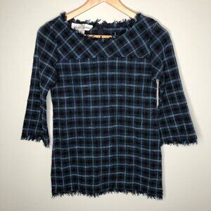 SARA Campbell  Plaid Blue Squares Tweed 3/4 Sleeve Top Size XS